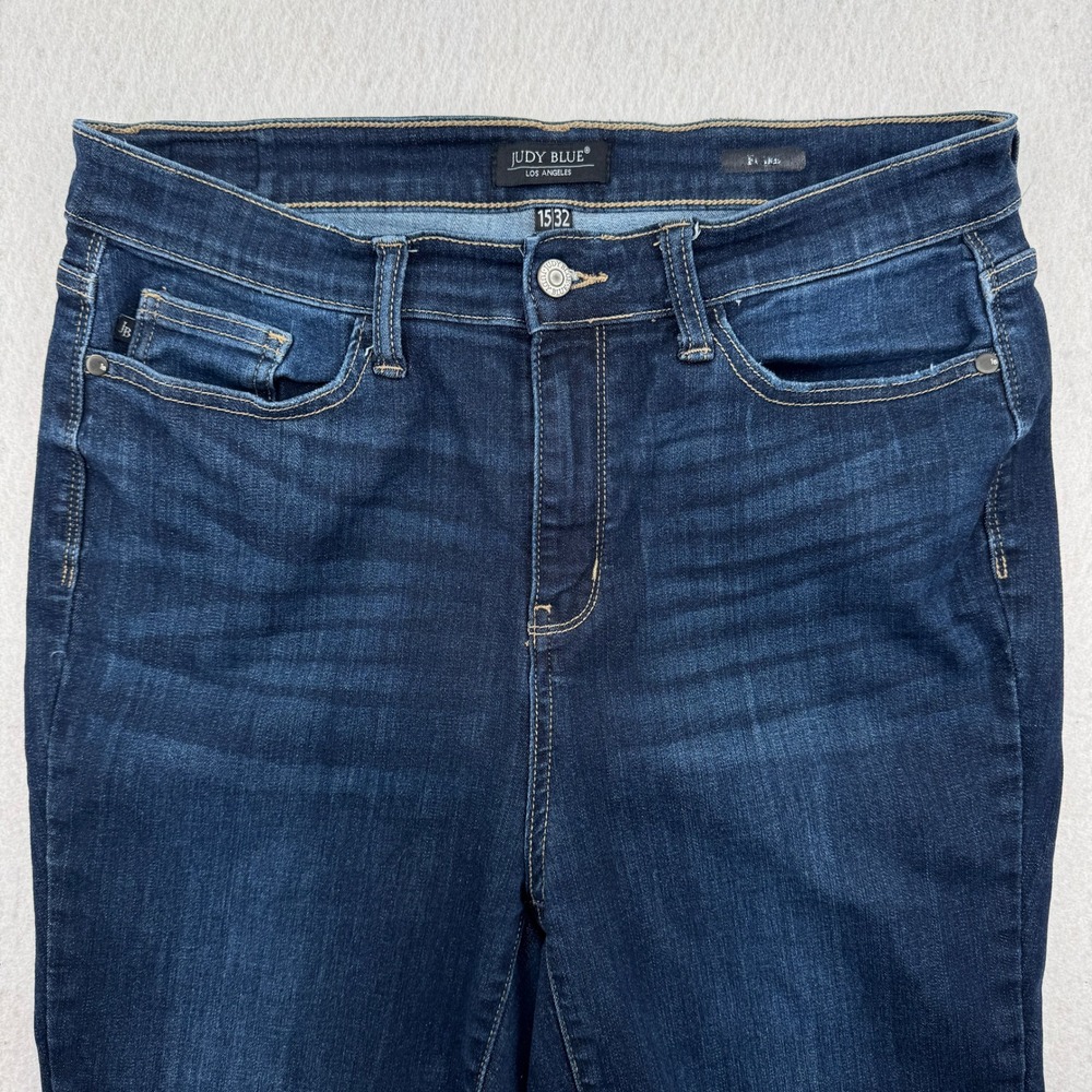 Judy Blue High Rise Flare Jeans Raw Hem Womens 15/32 (34x24) Blue Dark Wash
